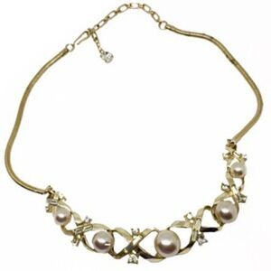 Vtg Corocraft gold pearl rhinestone 14" necklace